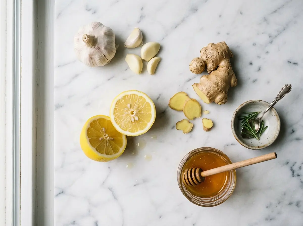 arterial flush recipe ingredients garlic lemon and ginger on white marble