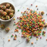 Rainbow crunchy Nerds-style candy pieces next to gummy candy clusters on a marble surface