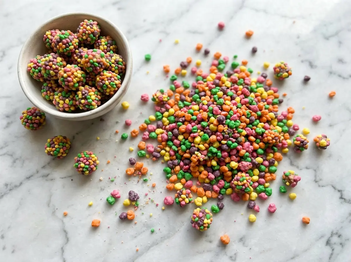 Rainbow crunchy Nerds-style candy pieces next to gummy candy clusters on a marble surface