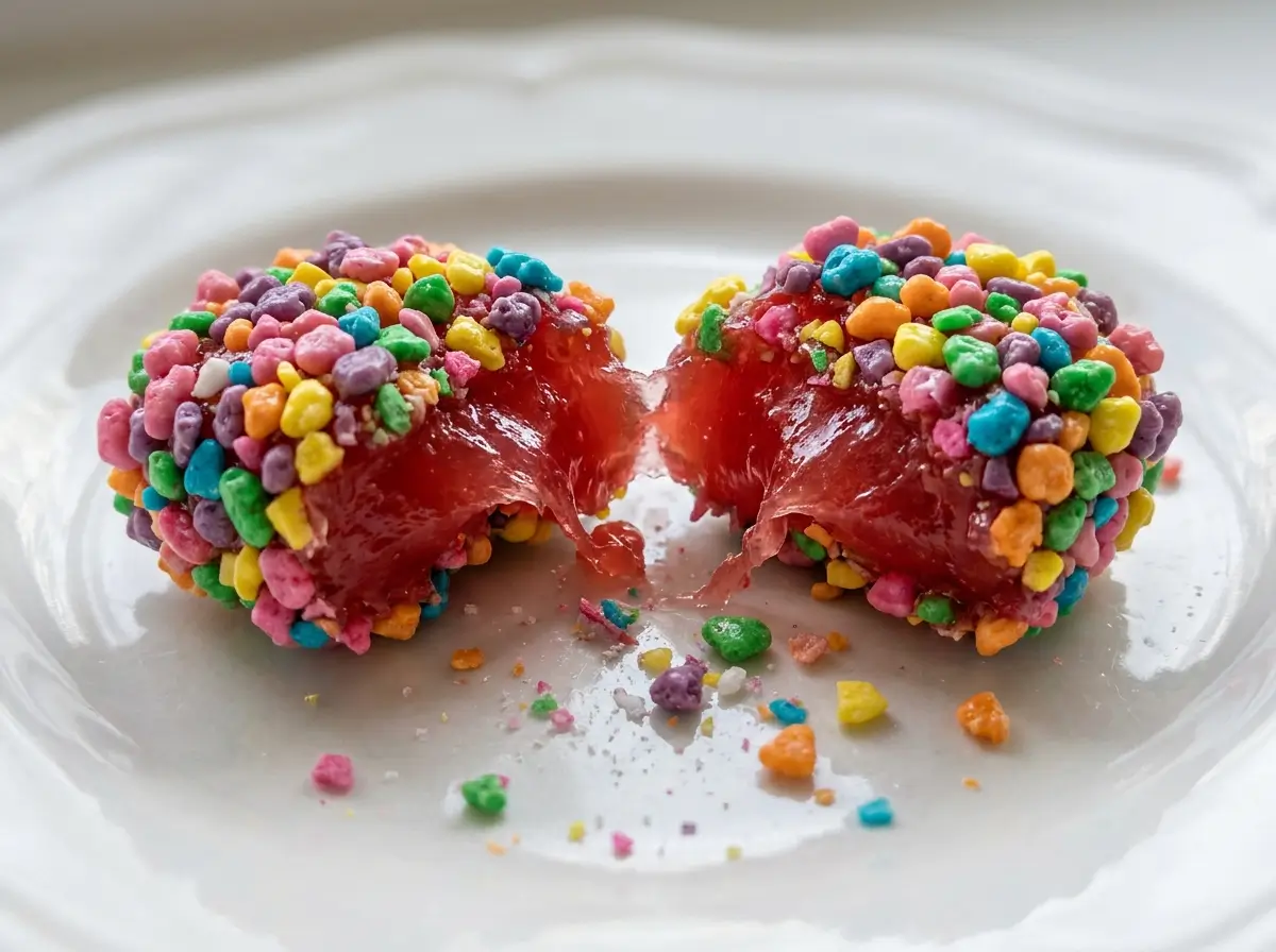Crunchy candy cluster broken open to show a soft red gummy center