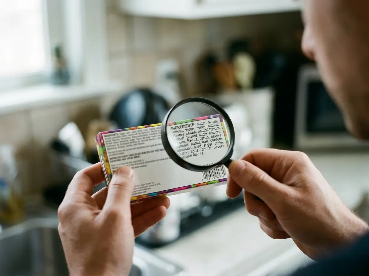 Hand with a magnifying glass reading a candy ingredient list