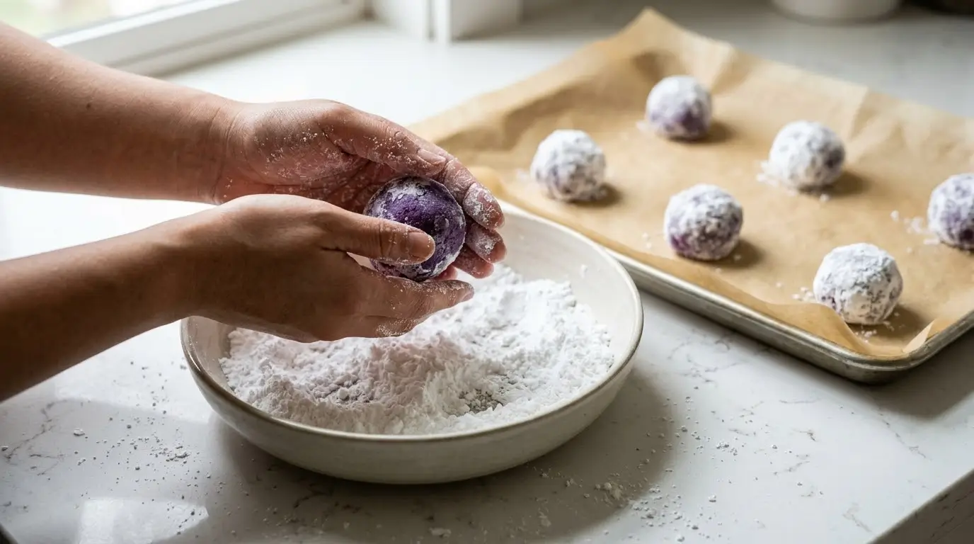Rolling ube cookie dough balls in powdered sugar before baking