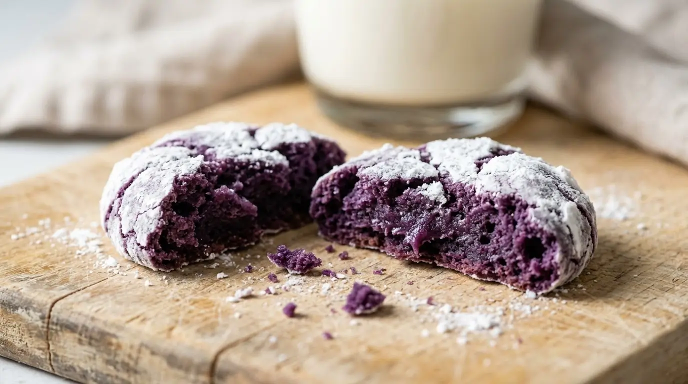 Ube crinkle cookie broken in half showing a soft fudgy purple center