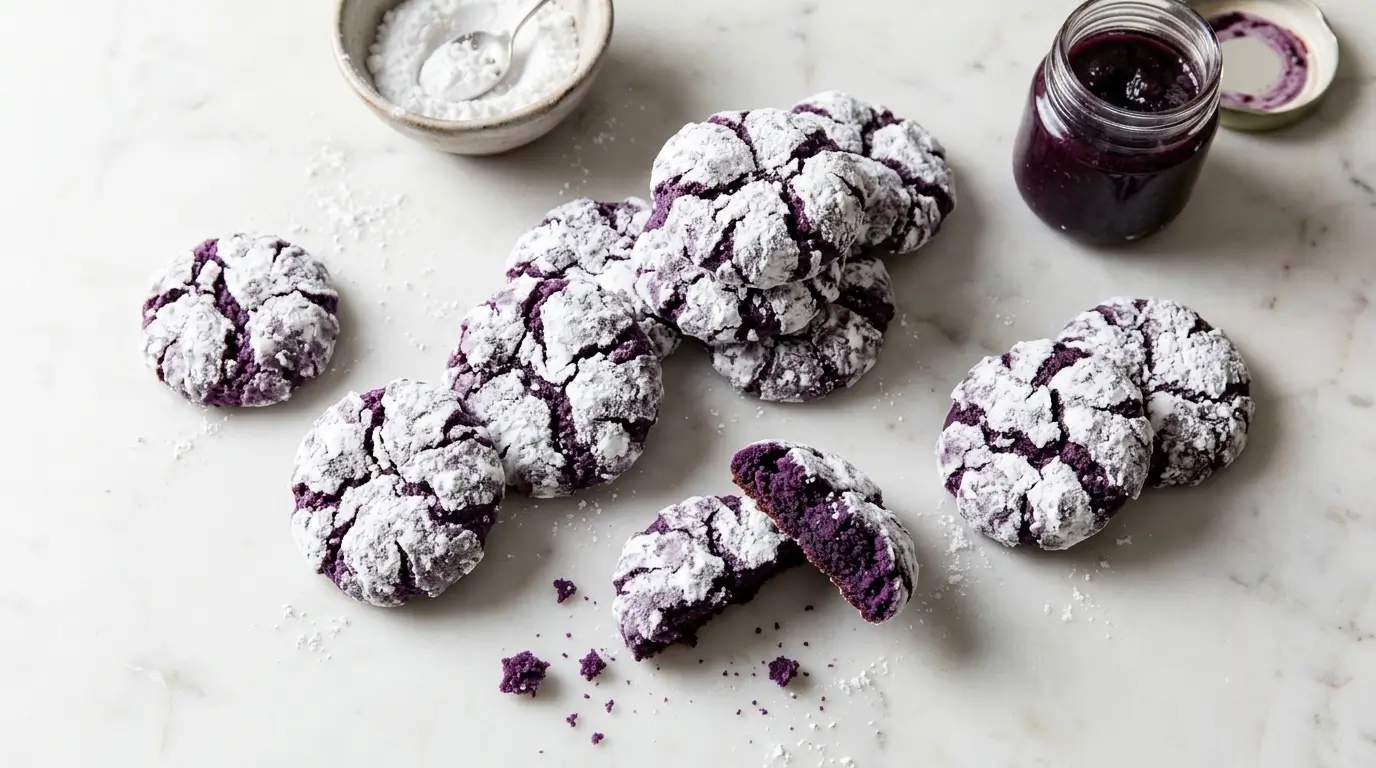 Ube crinkle cookies with bright purple centers and snowy cracked powdered sugar tops