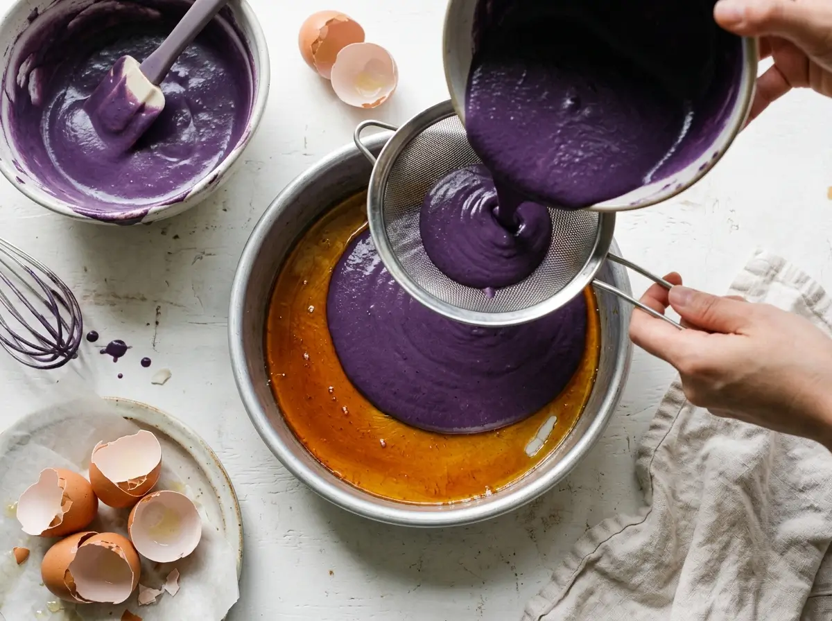 Straining purple ube custard over caramel in a round pan