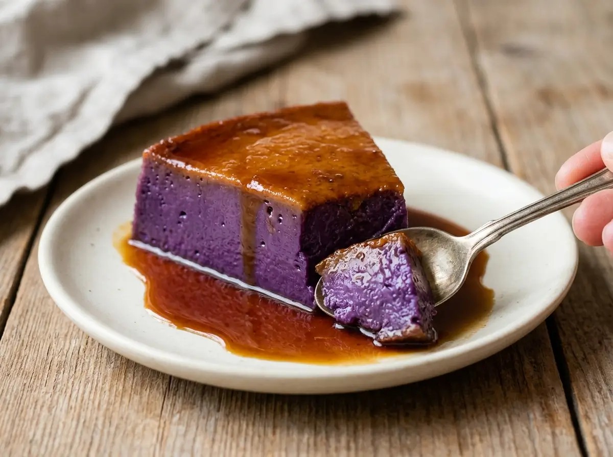 Slice of ube leche flan on a plate with caramel sauce