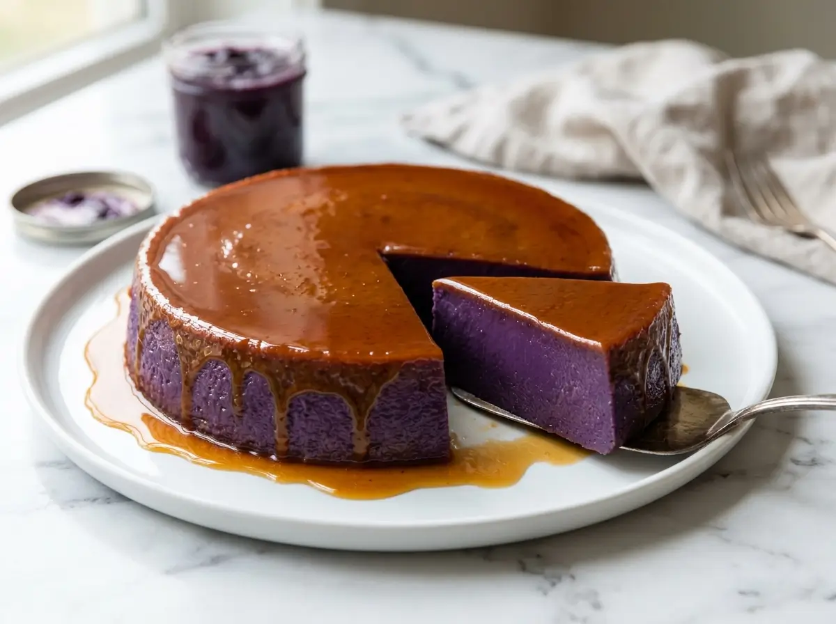 Unmolded ube leche flan with glossy caramel and a cut wedge showing the silky purple custard